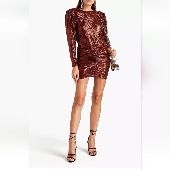 Retrofete NWT Flynn Ruched Sequin Tulle Mini Dress in COPPER  STUNNING - Picture 3 of 11